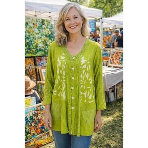 Vintage Lyng Lightweight Tunic Top Green Button Down Artisan Lagenlook Sz Medium